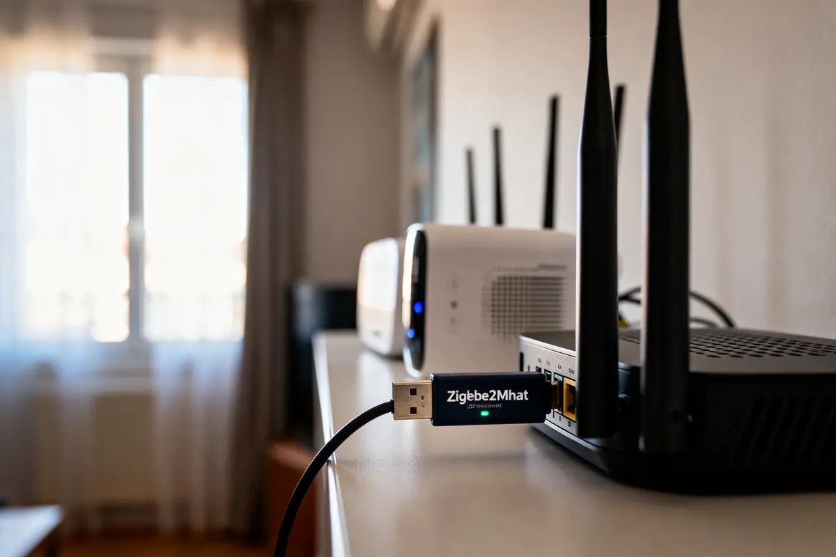 Routeur avec dongle Zigbee2Mhat connecté, table, pièce éclairée par fenêtre.