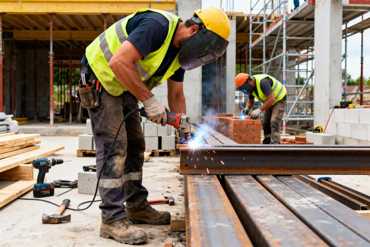 pexels-michal-pech-213601-757318 (1) Ouvriers en tenue de sécurité soudant des poutres métalliques sur un chantier de construction.