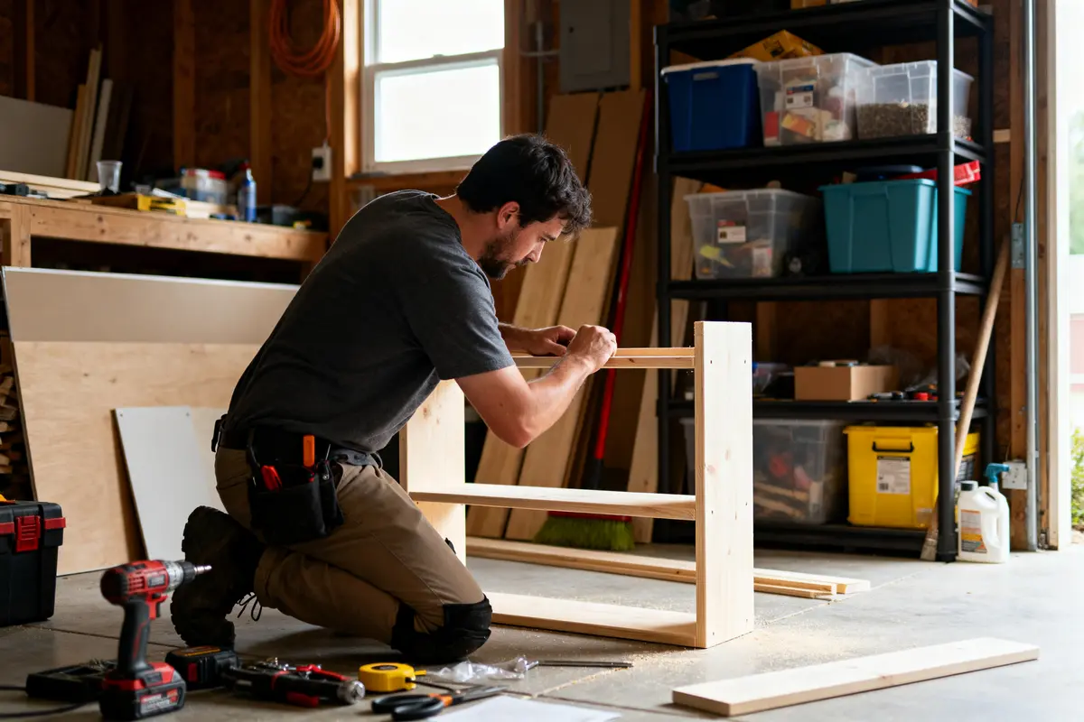Un homme assemble un meuble en bois dans un atelier avec des outils autour.
