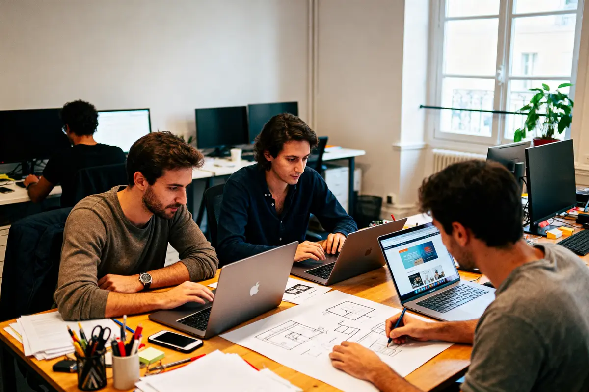 pexels-michal-pech-213601-757318 (1) Quatre personnes travaillent avec des ordinateurs portables et des plans sur une table de bureau ouverte.