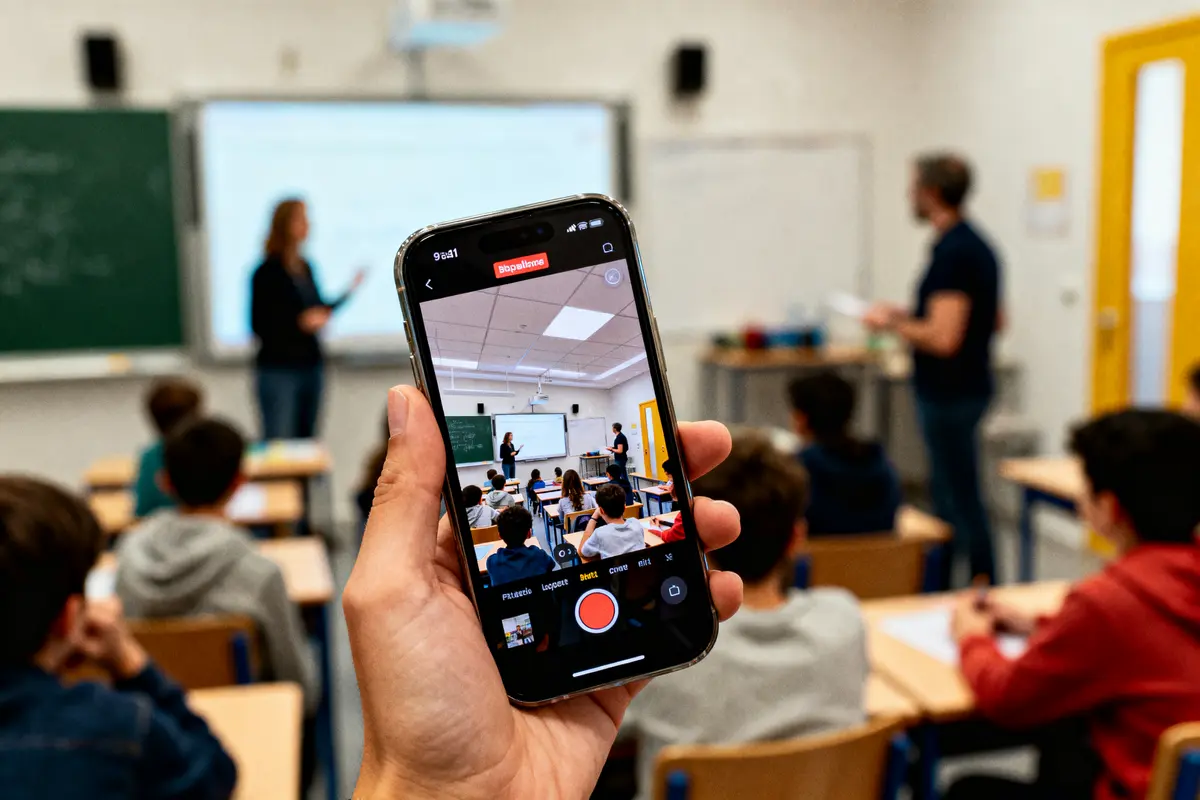 pexels-michal-pech-213601-757318 (1) Personne filmant une salle de classe avec un smartphone, élèves assis et enseignant debout devant tableau.