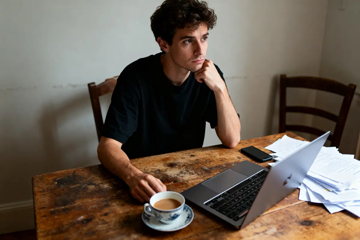 pexels-michal-pech-213601-757318 (1) Jeune homme pensif assis à une table avec ordinateur portable, café et documents.