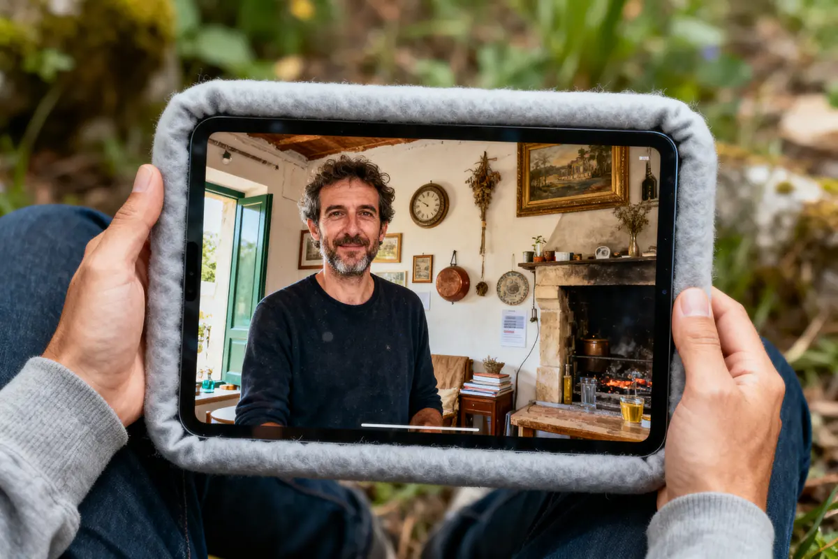 pexels-michal-pech-213601-757318 (1) Tablette montrant un homme souriant dans une piÚce chaleureuse, avec cheminée et décor rustique.