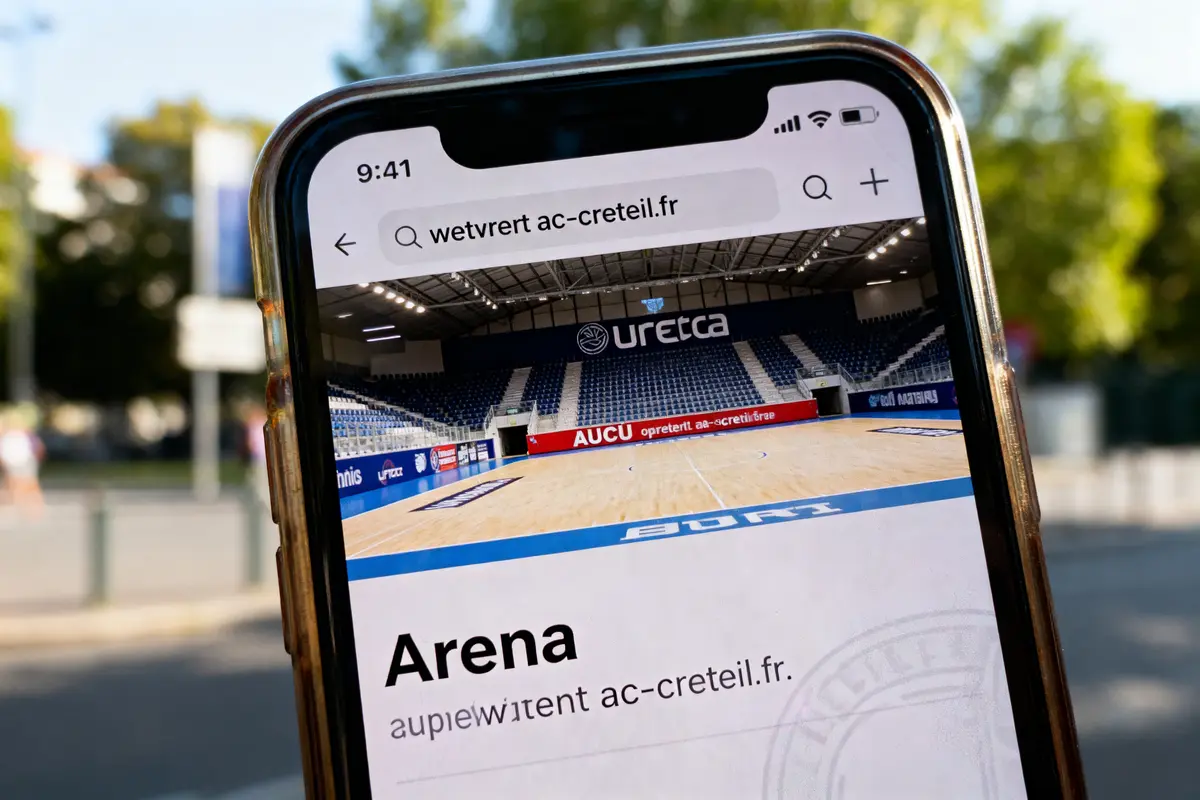 pexels-michal-pech-213601-757318 (1) Smartphone affichant image intérieure d'une arène sportive, texte partiellement illisible, extérieur flou en arrière-plan.