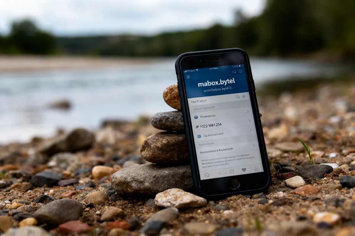 pexels-michal-pech-213601-757318 (1) Smartphone affichant une page web, posé sur galets près d'une rivière floue en arrière-plan.