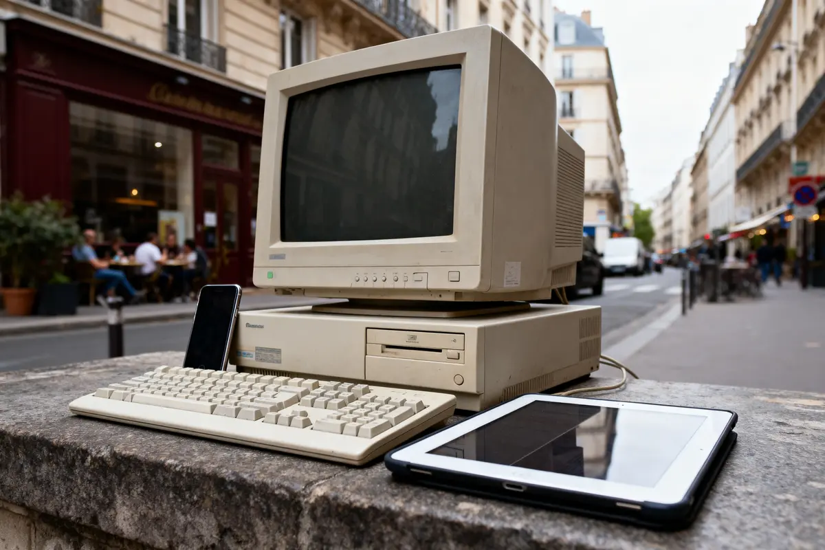 pexels-michal-pech-213601-757318 (1) Vieil ordinateur avec clavier, smartphone et tablette posés en extérieur sur un muret, rue parisienne en arrière-plan.