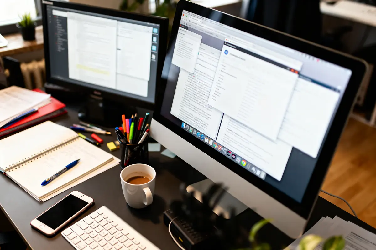 pexels-michal-pech-213601-757318 (1) Deux écrans d'ordinateur sur un bureau avec carnet, stylos, smartphone, tasse de café et clavier.