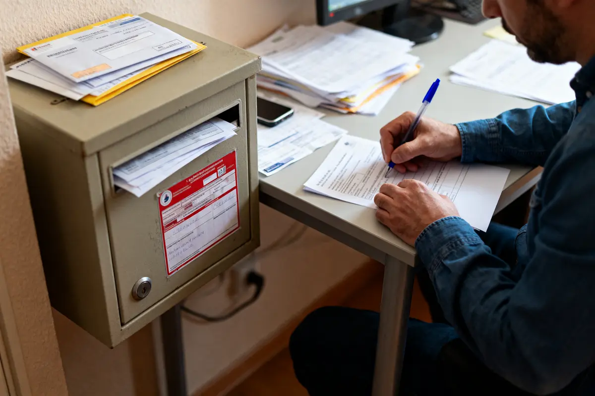pexels-michal-pech-213601-757318 (1) Homme écrivant sur des documents, près d'une boîte aux lettres métallique, sur un bureau avec des papiers.