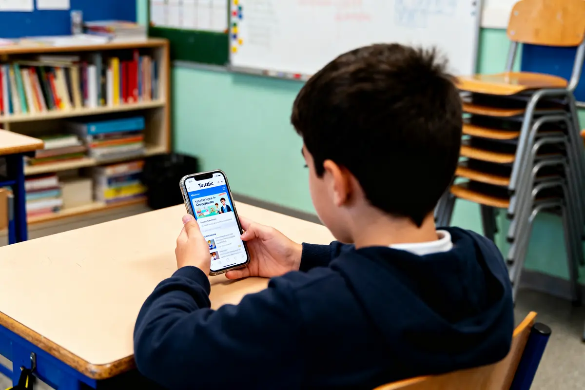 pexels-michal-pech-213601-757318 (1) Un enfant utilise un smartphone dans une salle de classe, entouré de chaises empilées et d'étagères.