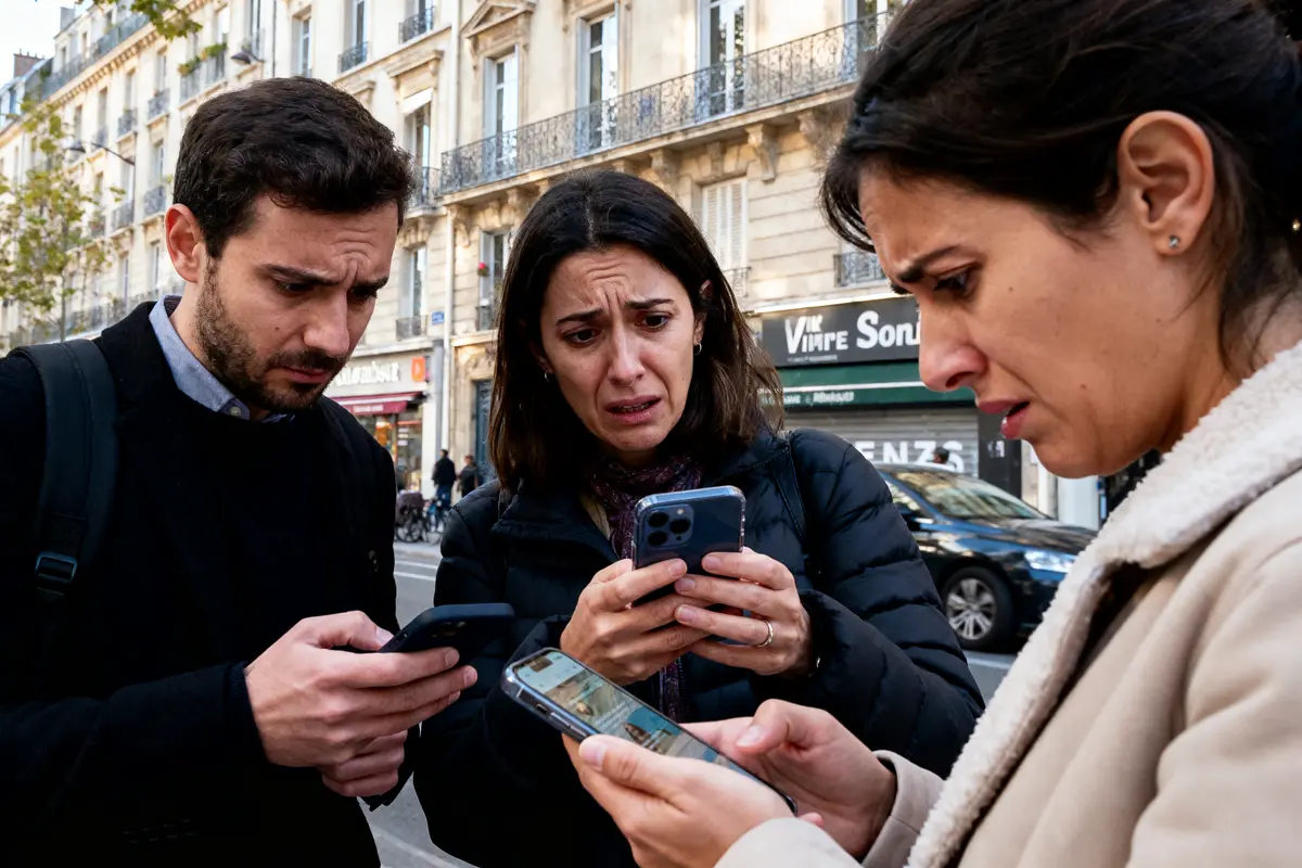 Trois personnes inquiètes regardent leurs téléphones dans la rue, expression de surprise et d'anxiété.