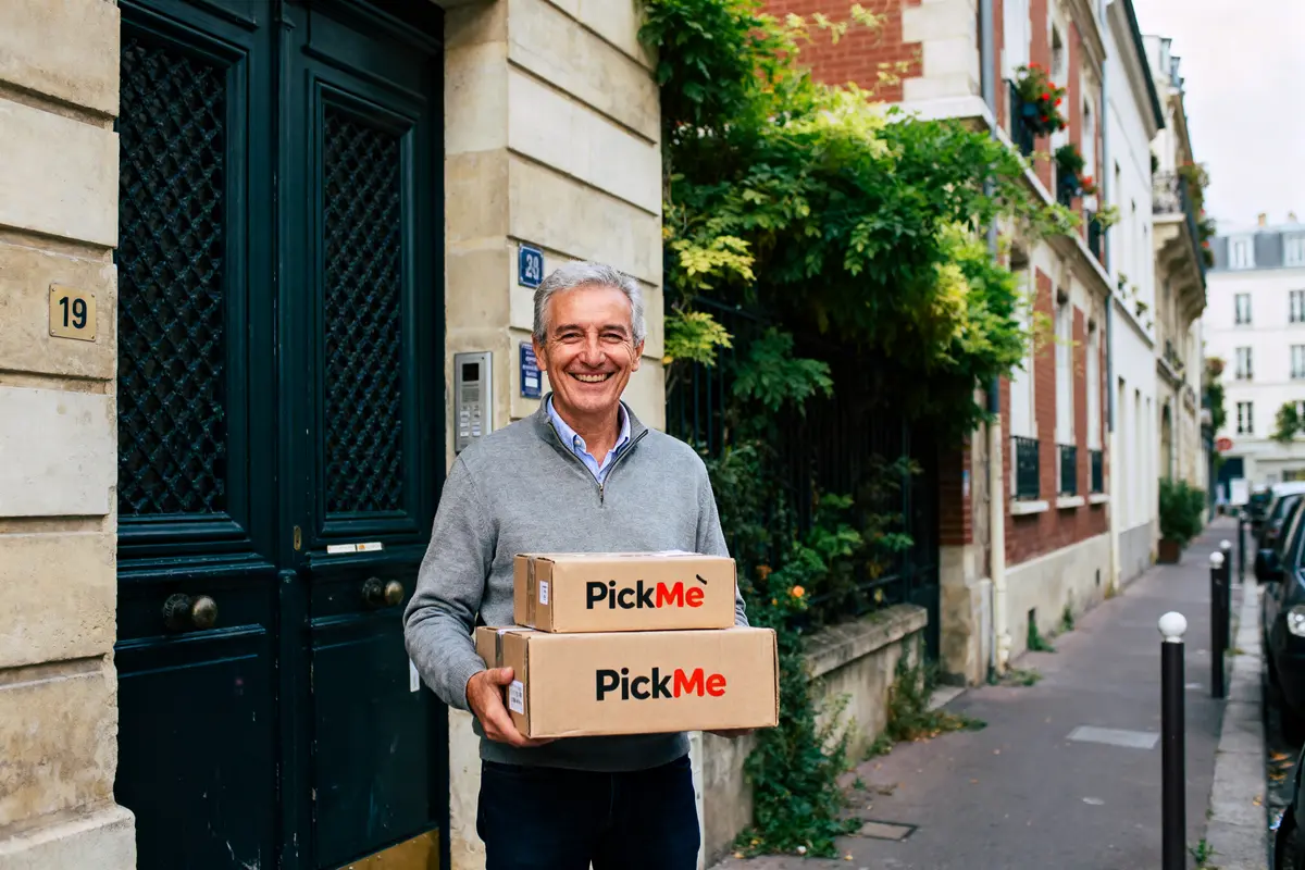 pexels-michal-pech-213601-757318 (1) Homme souriant tenant deux colis PickMe devant une porte dans une rue résidentielle.