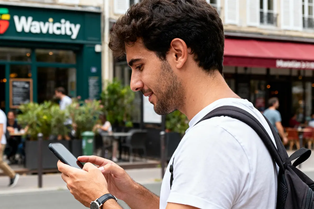 pexels-michal-pech-213601-757318 (1) Homme avec sac à dos, utilisant smartphone en marchant devant un café en ville.