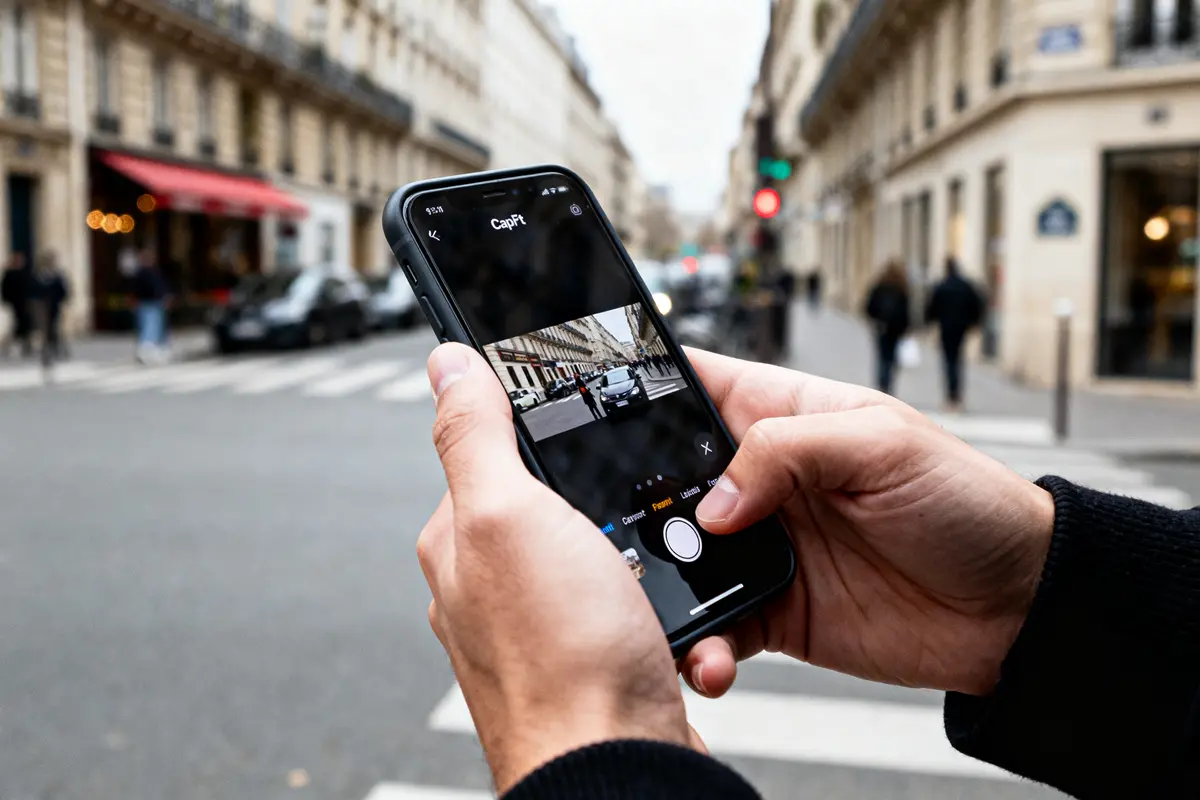 pexels-michal-pech-213601-757318 (1) Personne utilisant CapCut pour éditer une photo urbaine sur smartphone dans la rue européenne