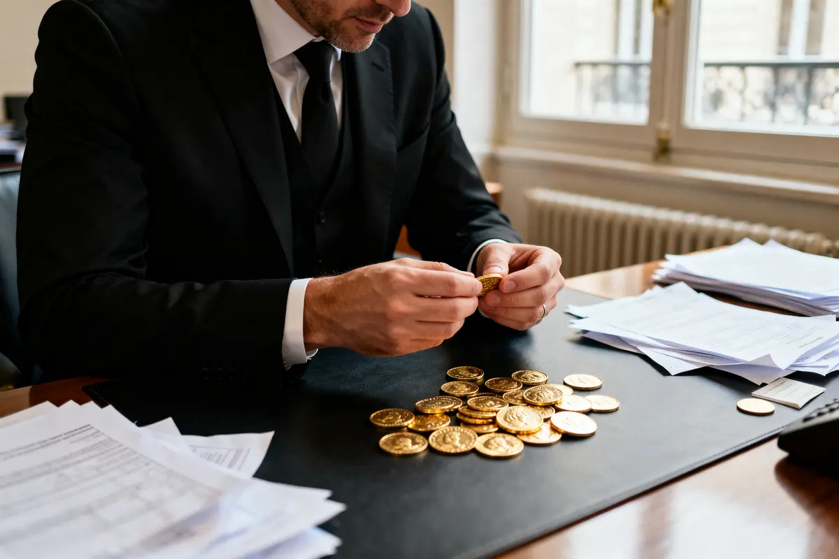 pexels-michal-pech-213601-757318 (1) Homme examine pièces dorées GoldUnion sur un bureau avec des papiers et documents.