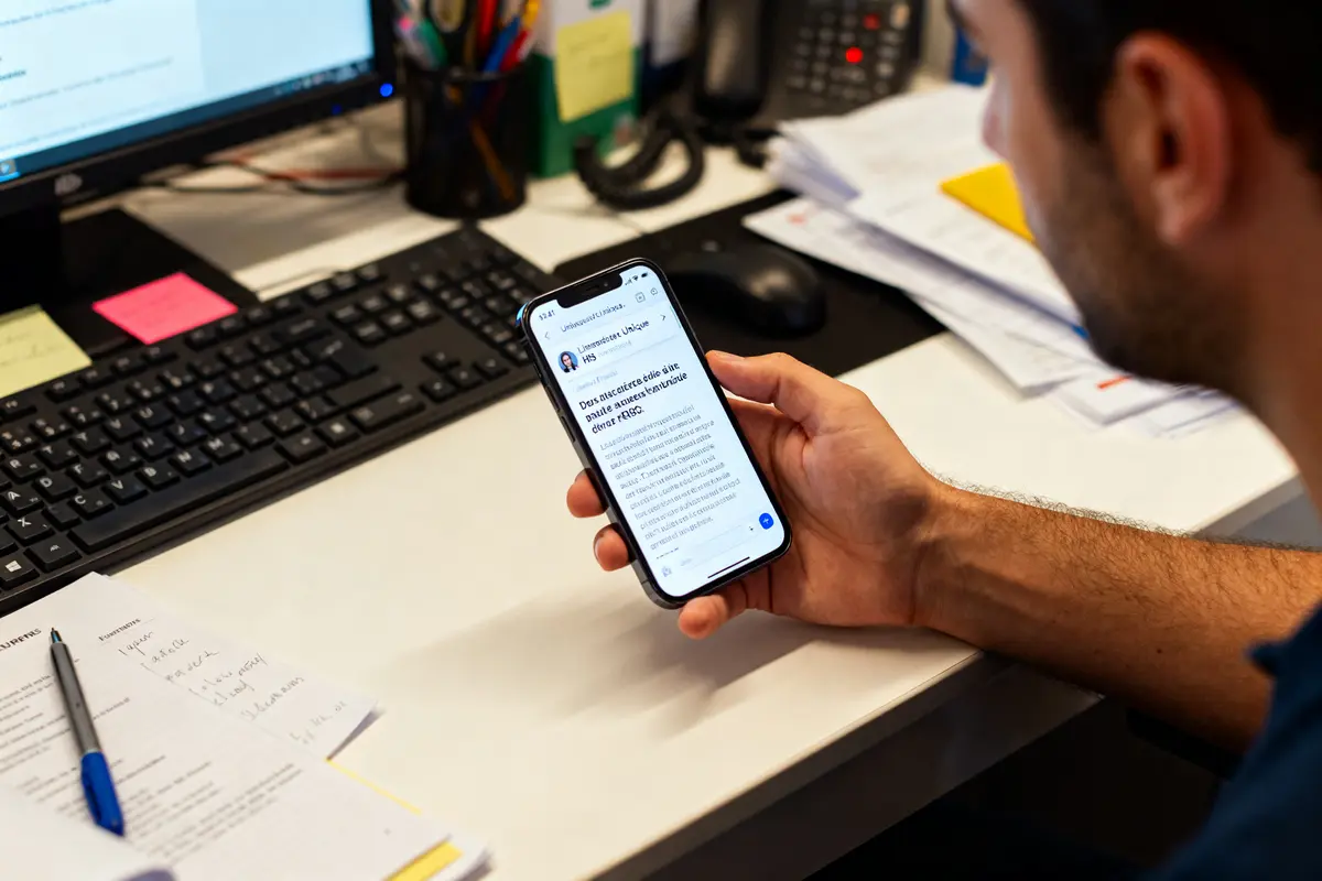 pexels-michal-pech-213601-757318 (1) Personne lisant un email MyPeopleDoc sur smartphone devant ordinateur et documents de bureau