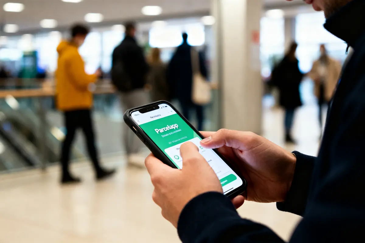 pexels-michal-pech-213601-757318 (1) Personne utilisant l'application Parcelsapp sur smartphone dans un espace public animé