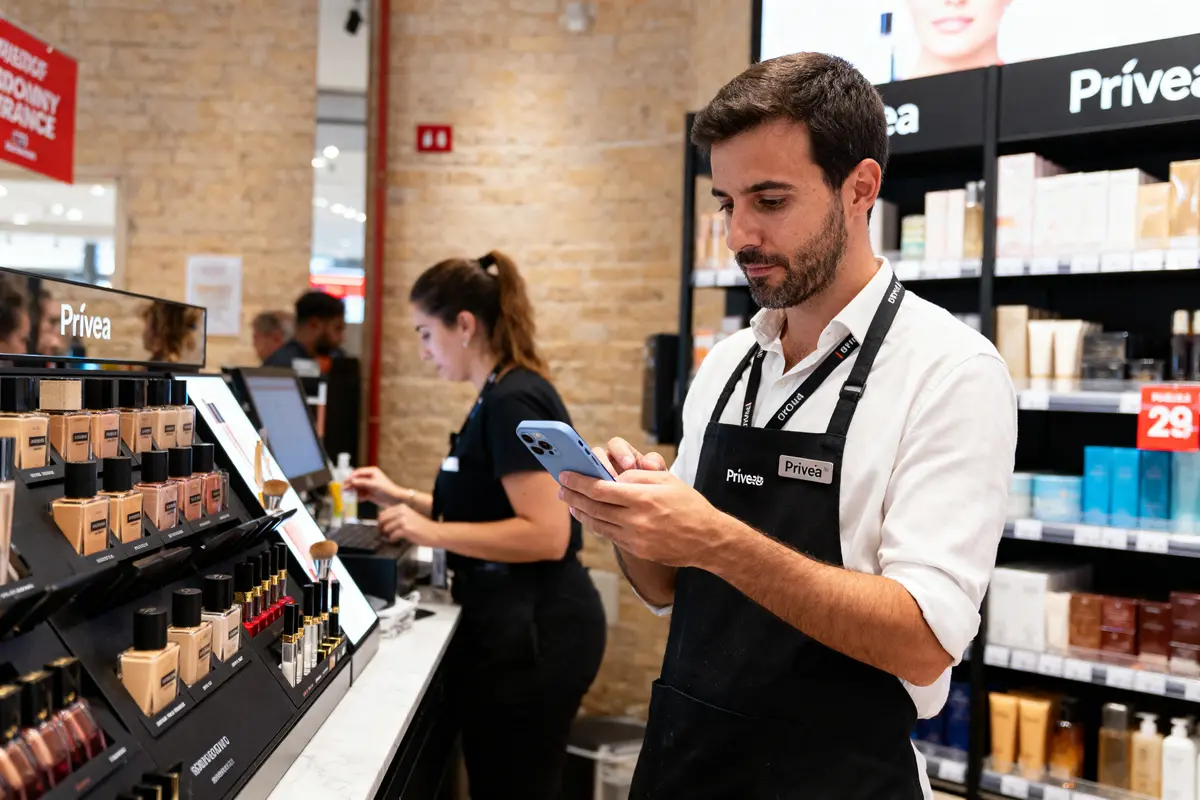 pexels-michal-pech-213601-757318 (1) Un employé Privea organise des produits cosmétiques dans un magasin moderne et lumineux