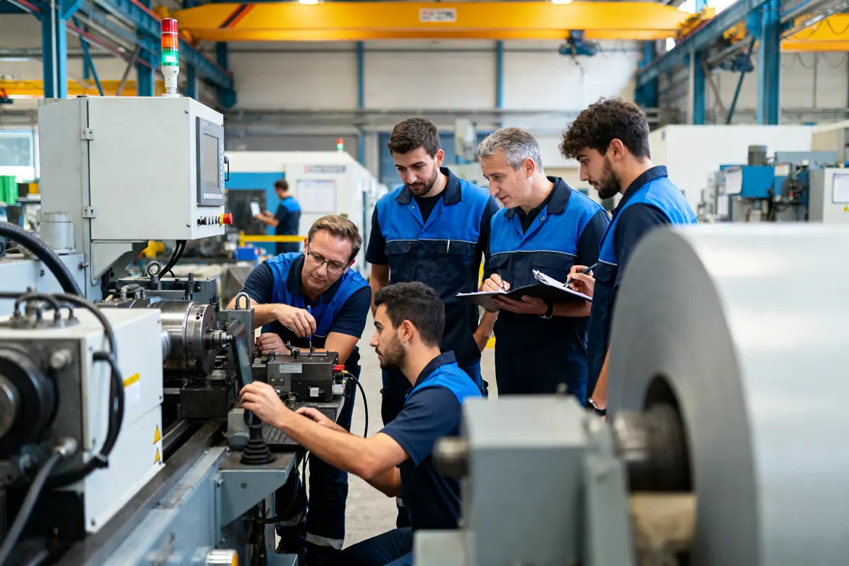 pexels-michal-pech-213601-757318 (1) Équipe discutant Total Productive Maintenance autour d'une machine industrielle en atelier de fabrication
