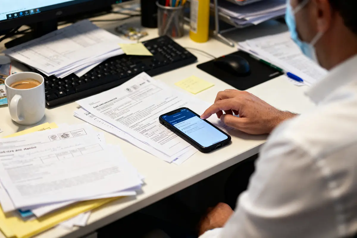 pexels-michal-pech-213601-757318 (1) Personne consulte téléphone sur dossier dépôt de bilan pendant arrêt maladie bureau tasse de café