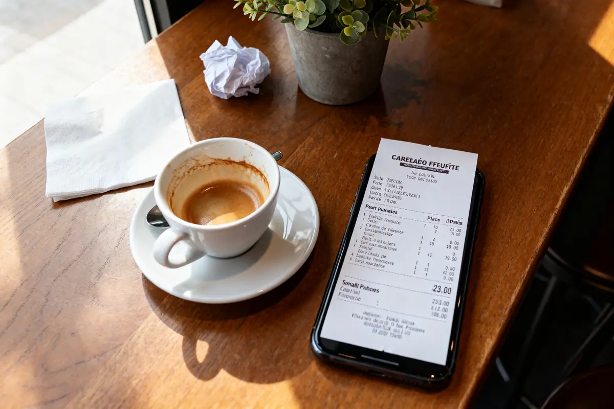 pexels-michal-pech-213601-757318 (1) Tasse de café vide avec ticket de caisse lmnp posé sur smartphone sur table en bois