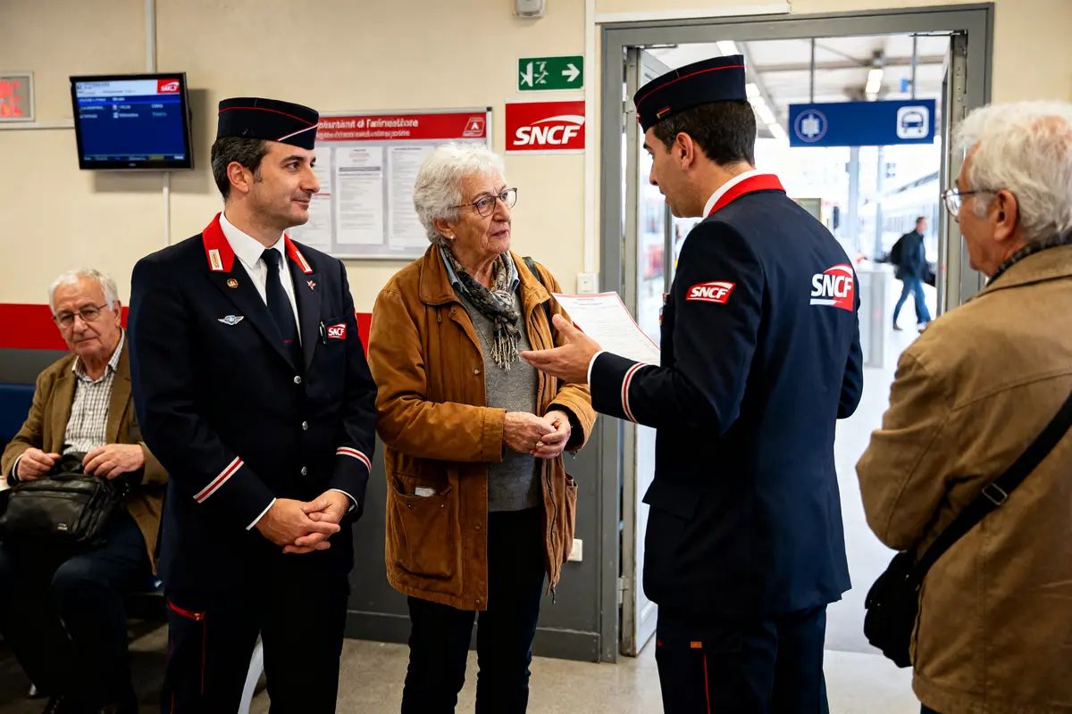 pexels-michal-pech-213601-757318 (1) Des agents SNCF aident des voyageurs seniors à l'agence famille SNCF dans une gare.