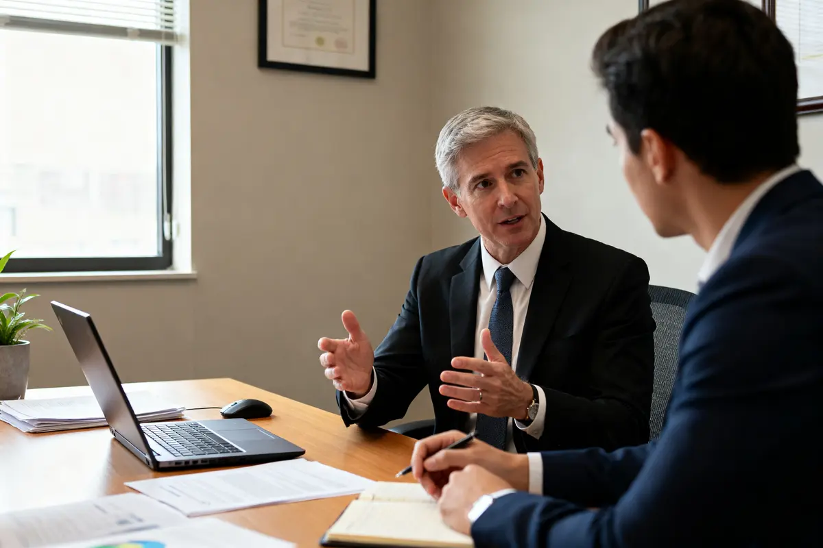 Deux hommes en costume discutent stratégie dans un bureau chez Compliance Staffing Agency