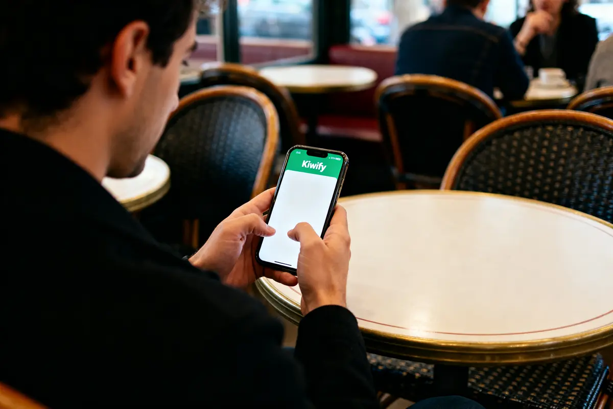 pexels-michal-pech-213601-757318 (1) Un homme utilise Kiwify sur son smartphone dans un café avec des tables rondes