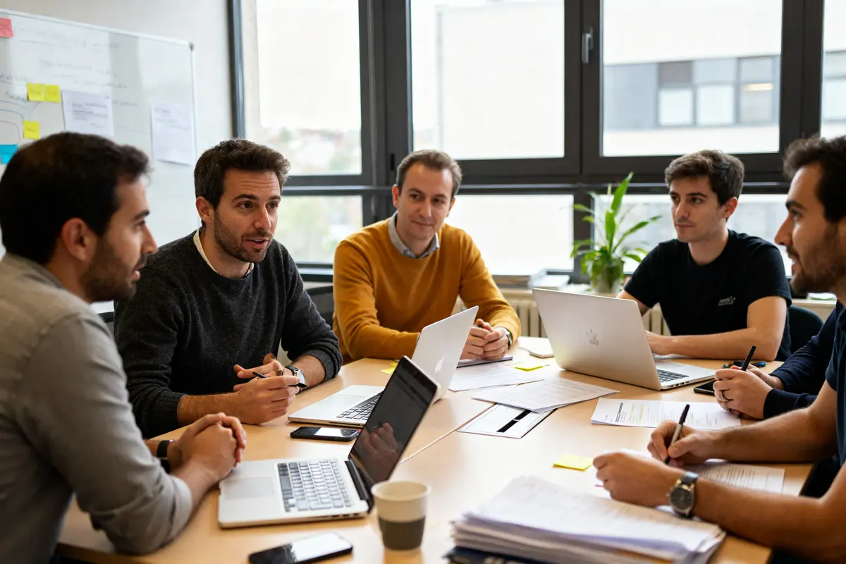 Cinq collègues discutant stratégie devant ordinateurs pour le Planning PME dans une salle de réunion
