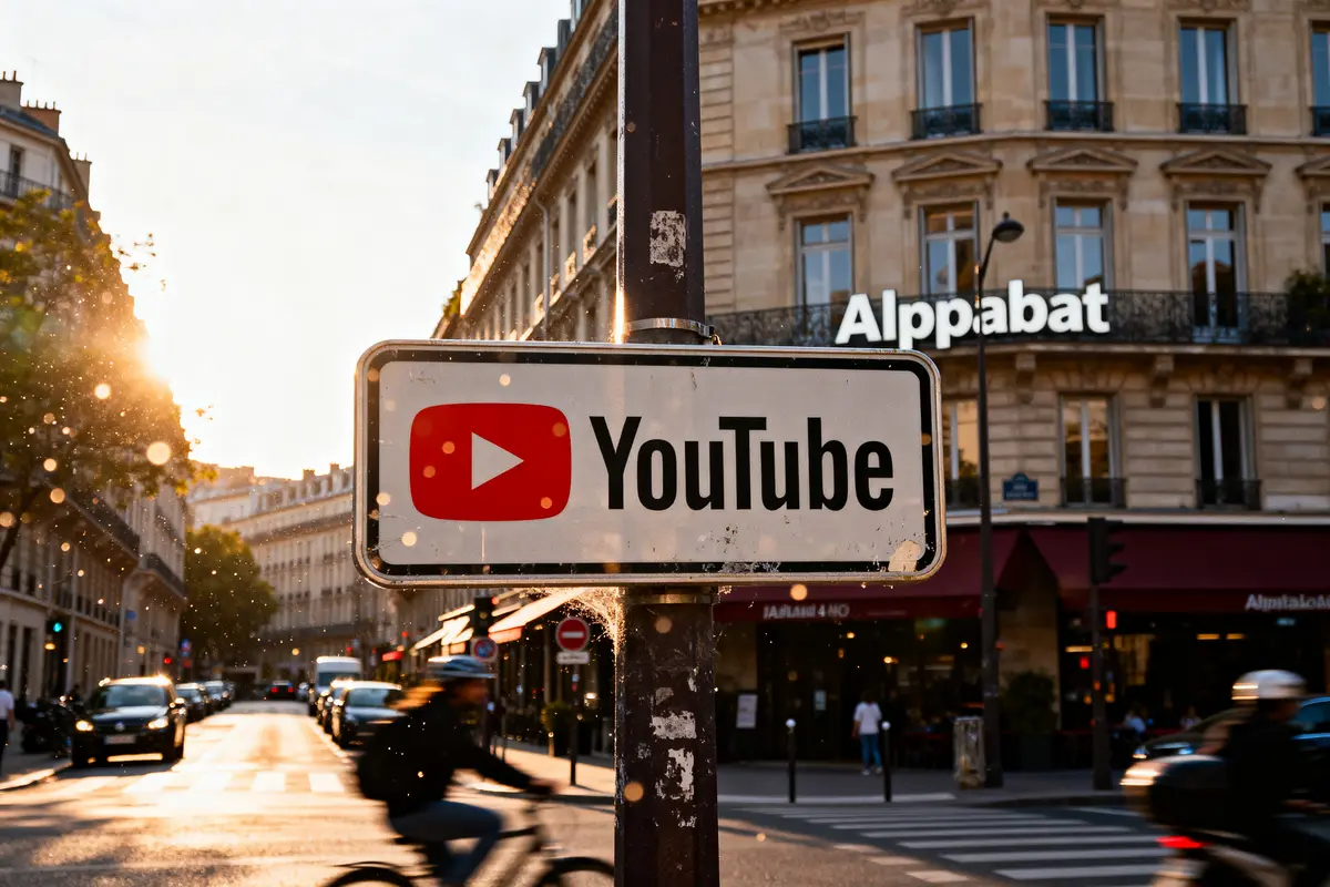 Panneau YouTube en ville demandant à quelle GAFAM appartient Youtube avec bâtiment en arrière-plan