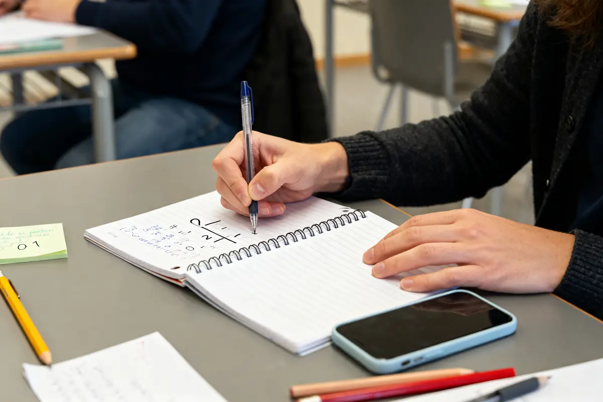 Étudiant travaillant sur sa conversion de décimal en binaire dans un cahier ouvert sur table