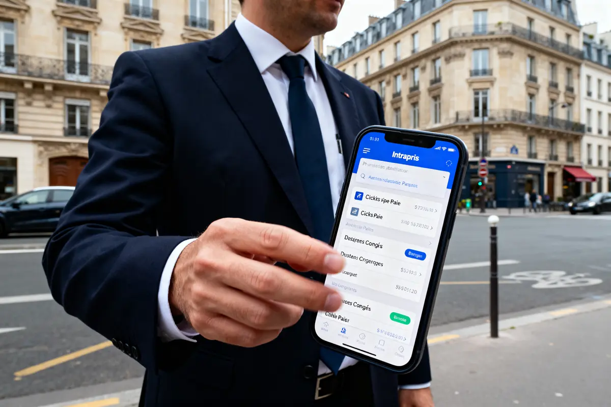 pexels-michal-pech-213601-757318 (1) Homme en costume montrant l'application Intraparis sur smartphone dans une rue parisienne.