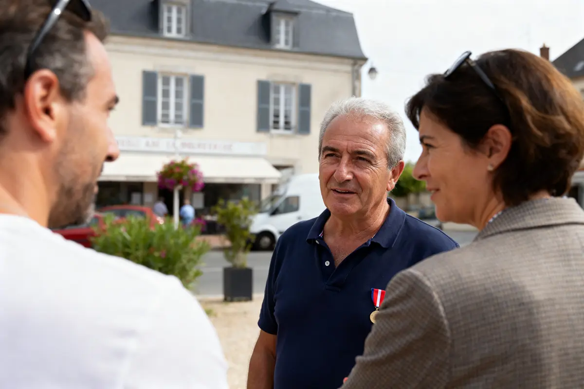 Discussion entre trois personnes devant un bâtiment en ville sur le salaire du maire