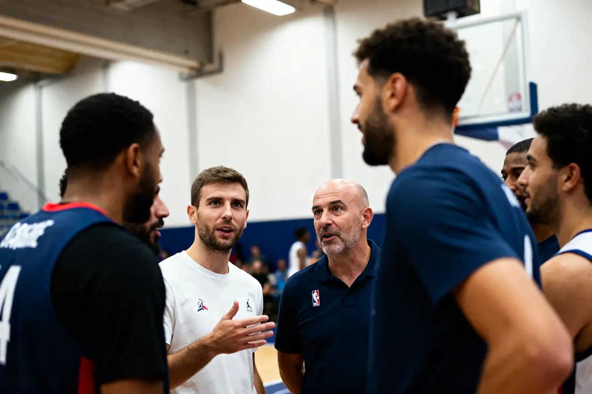 Groupe de coachs discutant stratégie basket lors d'un entraînement pour le forum Basketin.
