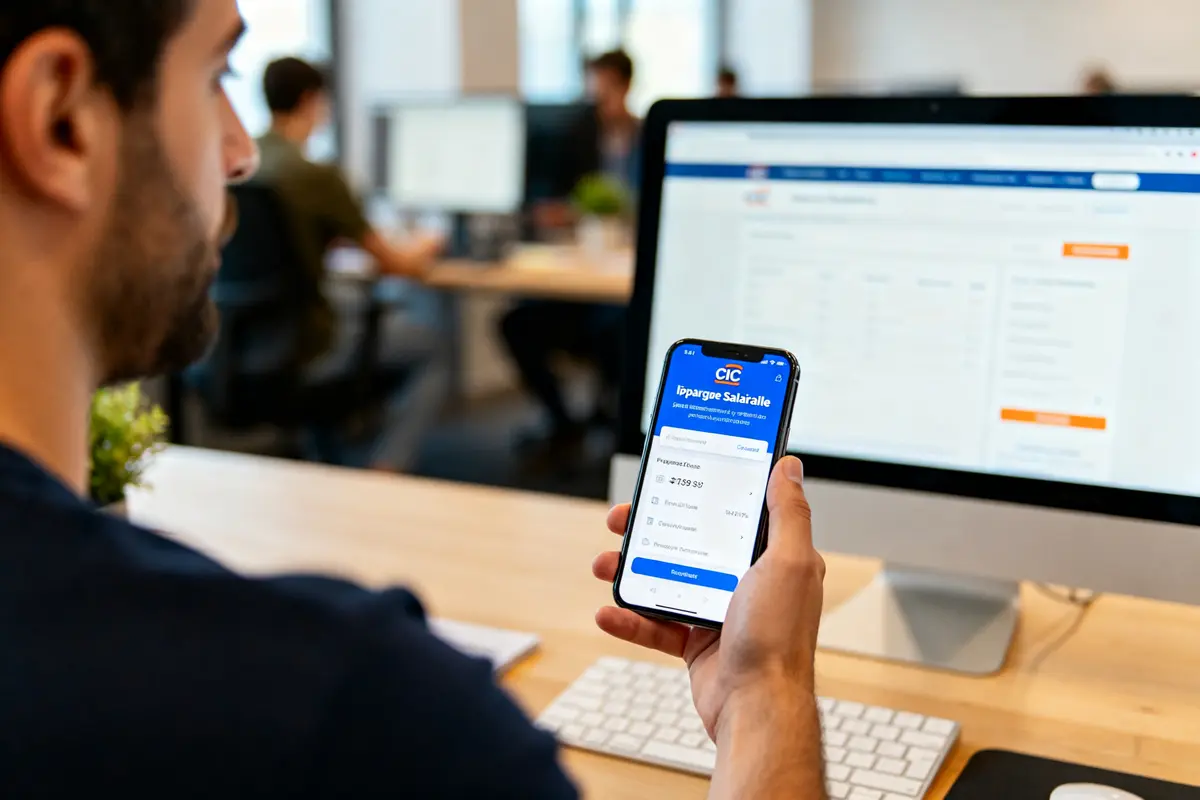 Personne consultant application mobile de l'épargne salariale CIC sur smartphone et ordinateur au bureau