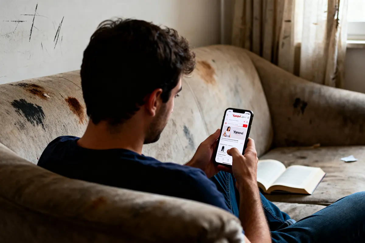 pexels-michal-pech-213601-757318 (1) Homme sur canapé naviguant site Yanovi.com sur smartphone dans un salon défraîchi