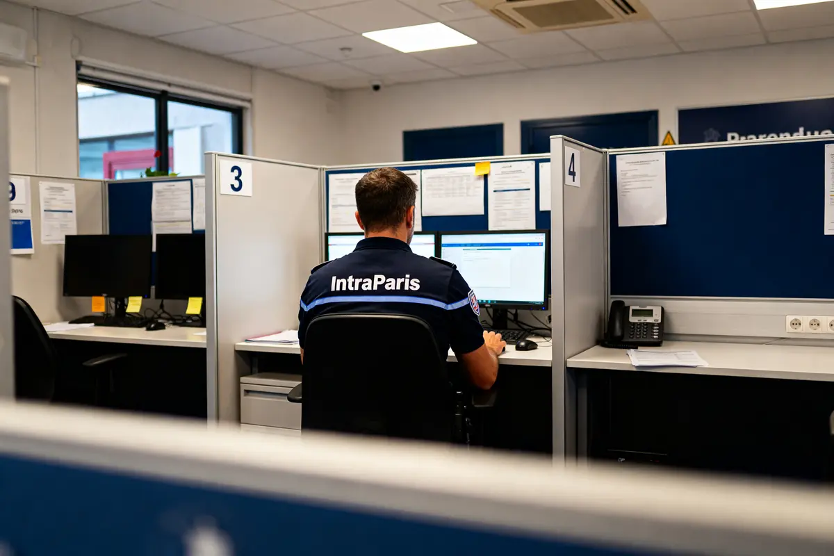 Agent IntraParis travaillant sur ordinateur dans bureau divisé en plusieurs postes de travail