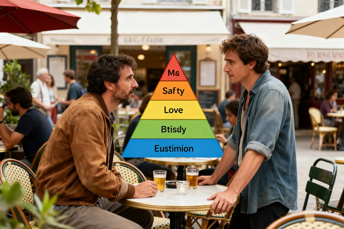 pexels-michal-pech-213601-757318 (1) Discussion en café avec schéma déformé de la pyramide de Maslow pour explication psychologique