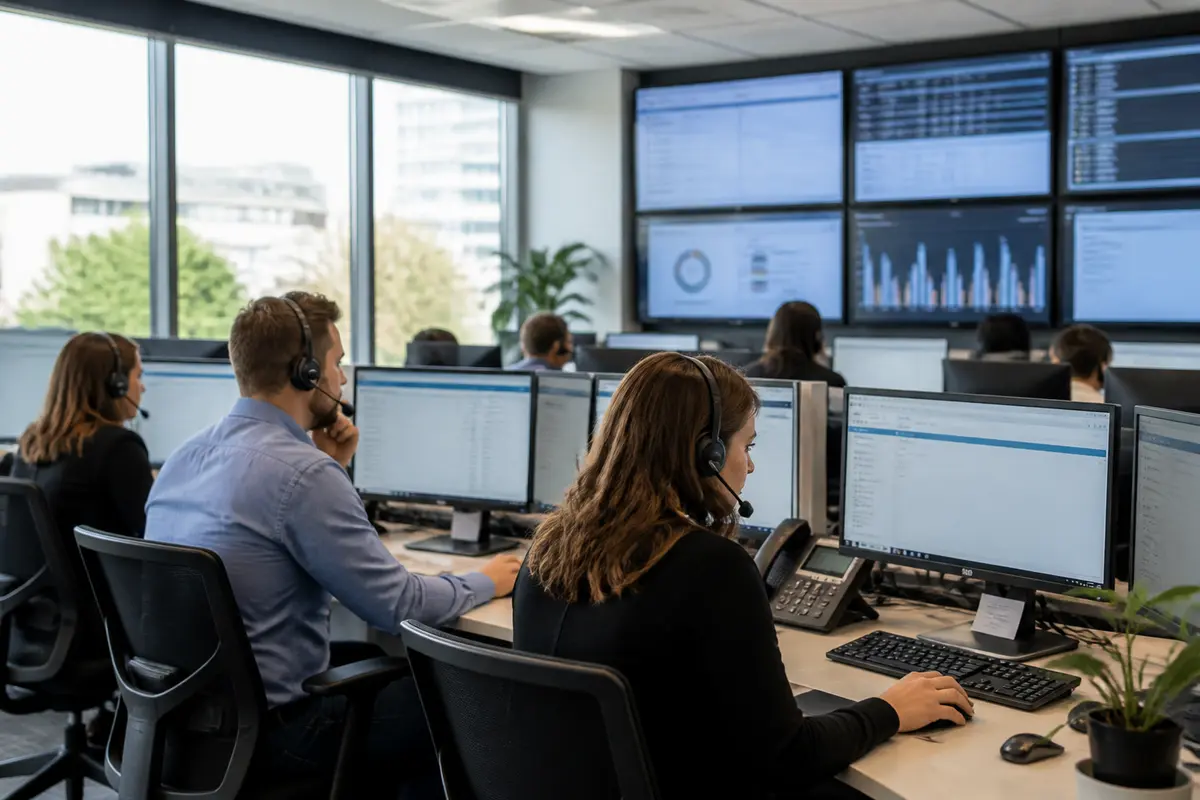 Des employés au centre d'appel travaillent sur ordinateurs avec casques, écrans d'information en arrière-plan.