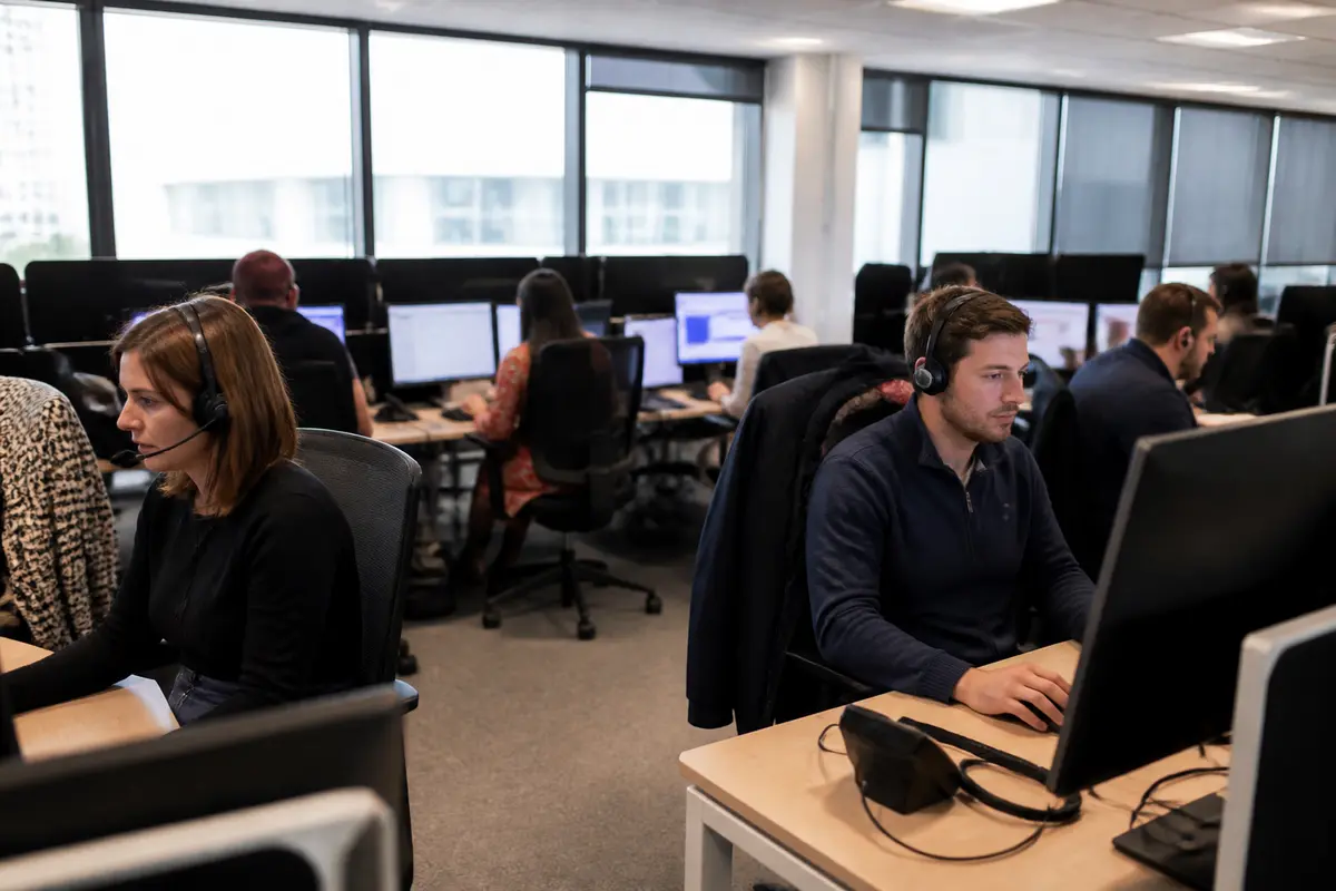 Personnes travaillant dans un centre d'appel, portant des casques, assises devant des ordinateurs en bureau moderne.