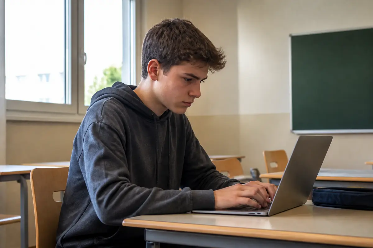 Un adolescent travaille sérieusement sur un ordinateur portable dans une salle de classe vide et lumineuse.