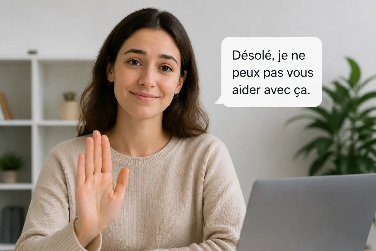Une femme sourit, lève la main, devant ordinateur, avec texte d'excuse dans bulle dialogue.