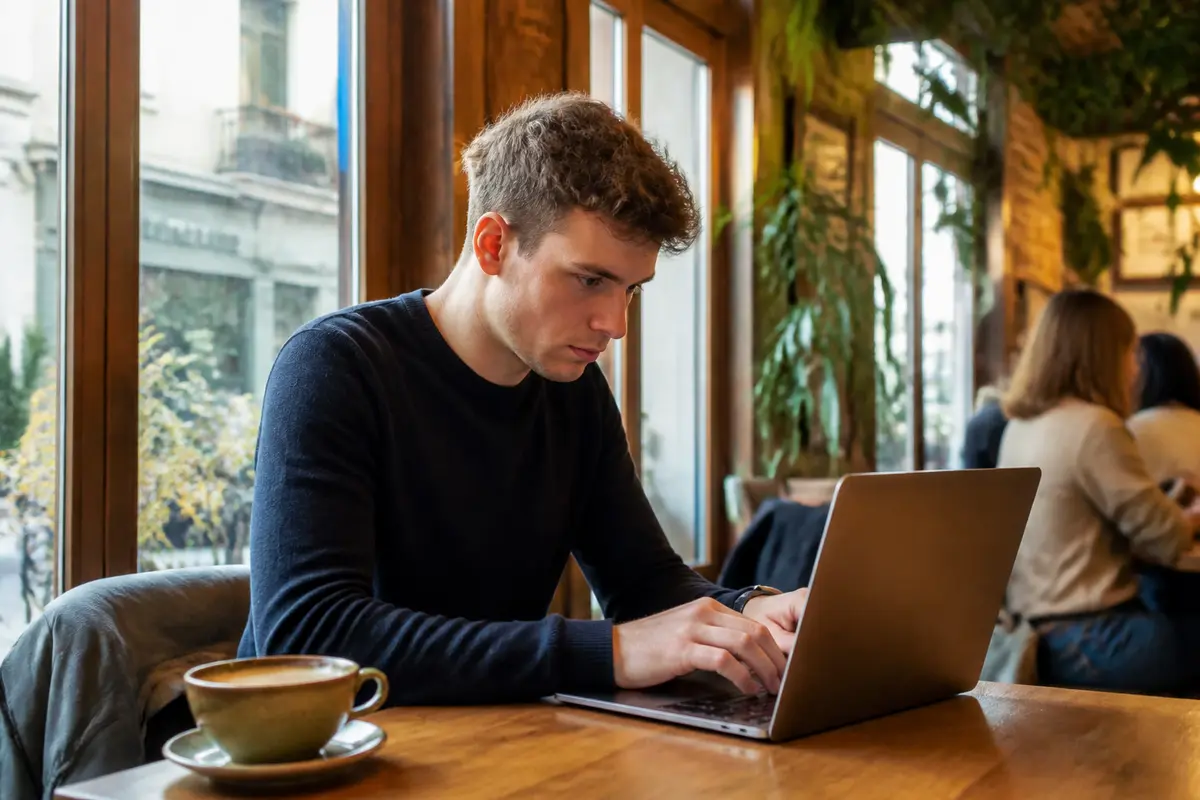 Un homme concentré utilise un ordinateur portable dans un café lumineux, avec une tasse de café à côté.