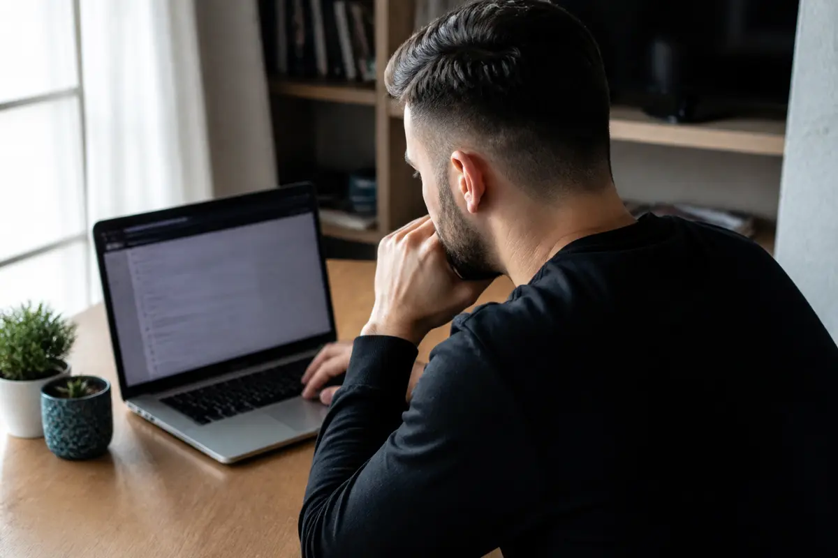 Un homme concentré utilisant un ordinateur portable sur une table en bois, entouré de décorations intérieures minimalistes.