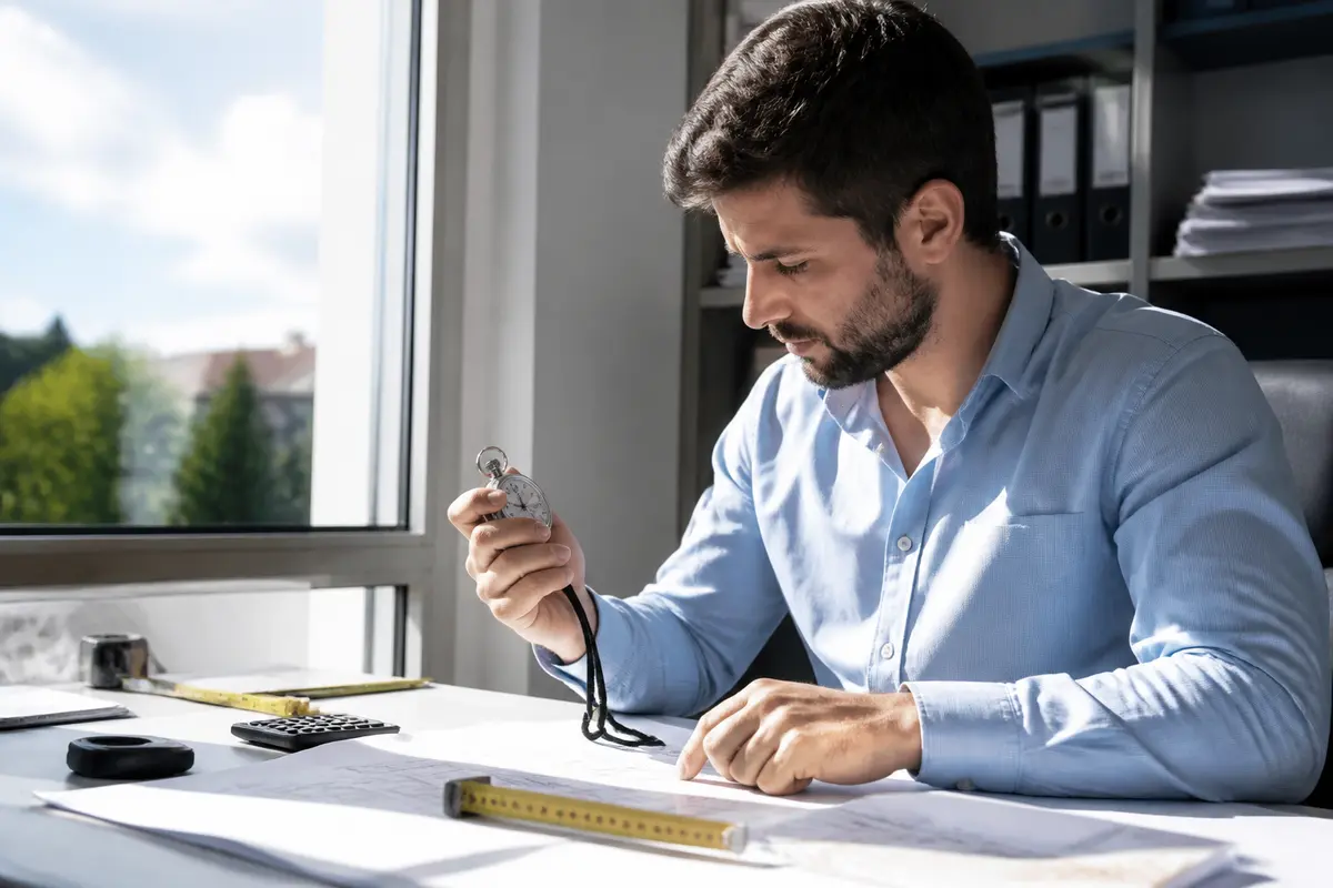 pexels-michal-pech-213601-757318 (1) Homme concentré en chemise bleue tenant chronomètre dans un bureau lumineux, objets de travail sur table.