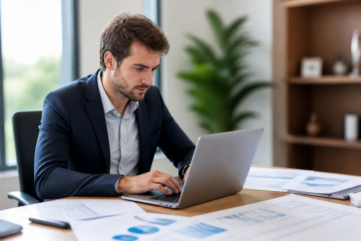 Un homme en costume travaille sur un ordinateur portable au bureau, entouré de documents.
