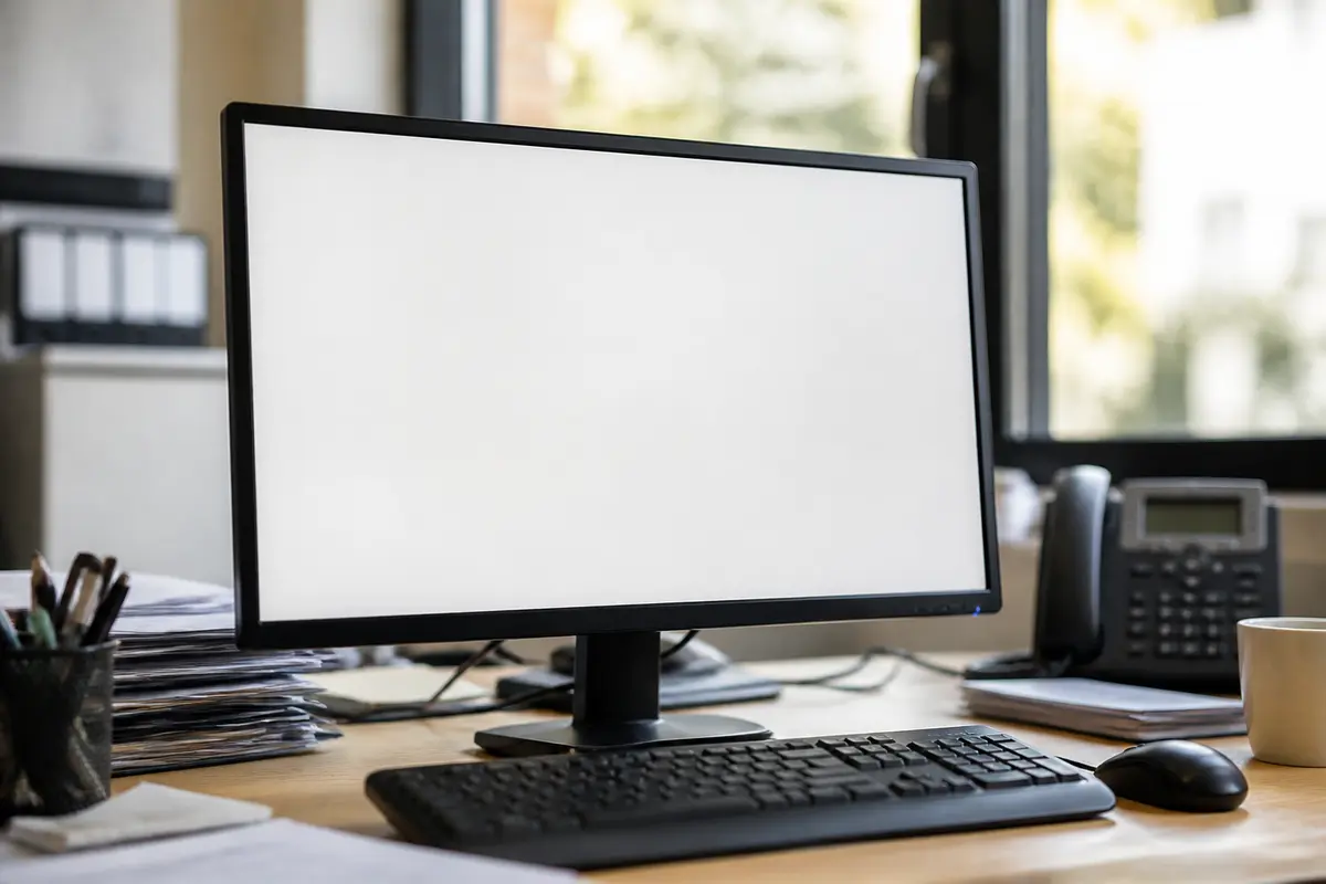 pexels-michal-pech-213601-757318 (1) Écran blanc sur bureau, avec clavier, téléphone, tasse, et piles de papiers près de la fenêtre.