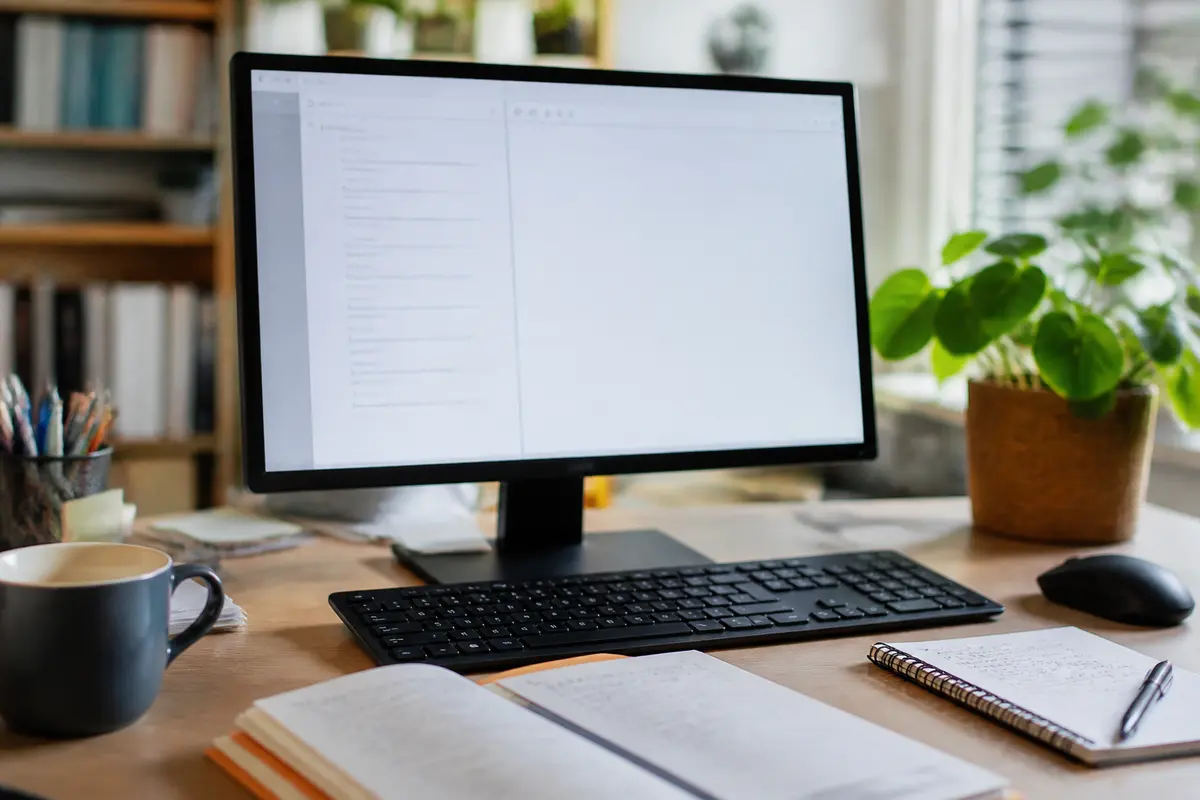 pexels-michal-pech-213601-757318 (1) Bureau avec écran d'ordinateur allumé, clavier, carnet ouvert, tasse, et plante verte en pot.