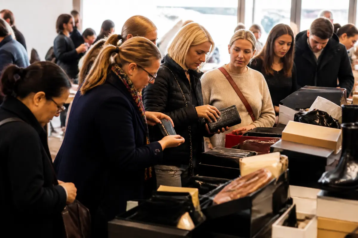 pexels-michal-pech-213601-757318 (1) Personnes faisant des achats dans un marché de vente, examinant divers articles dans des boîtes ouvertes.